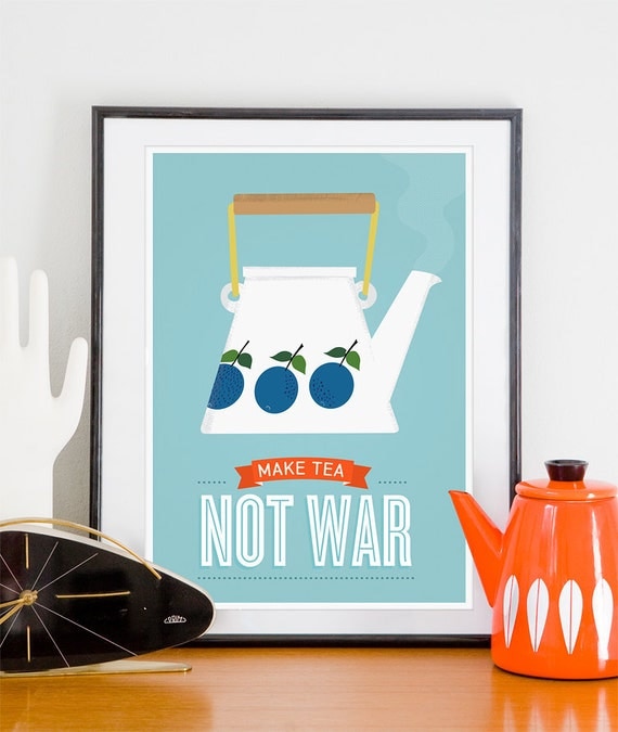 Tea print, kitchen print, Stig LIndberg Prunus, kettle tea pot poster, kitchen quote art, mid century modern, Make tea not War, Tea wall art