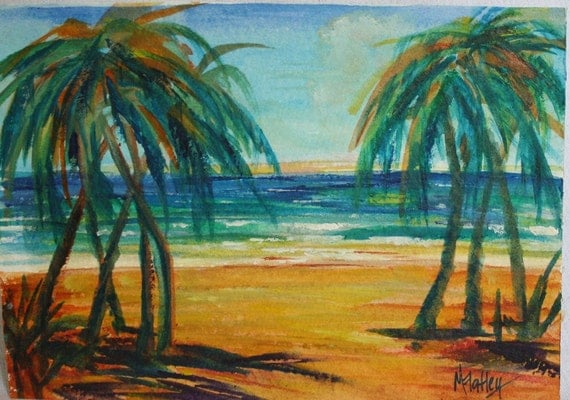 Watercolor Painting Landscape Tropical Beach Seascape
