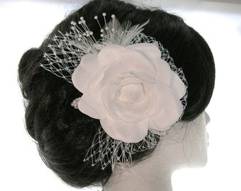 Camelia Bridal Hair Fascinator With French Netting Bow, Pearl Spray, Feathers and Embellished Millinery Leaves