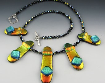Gold and Green Dichroic Five Piece Necklace