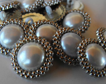 10 Silver Encircled Pearl Large Shank Buttons Size 1 1/8"