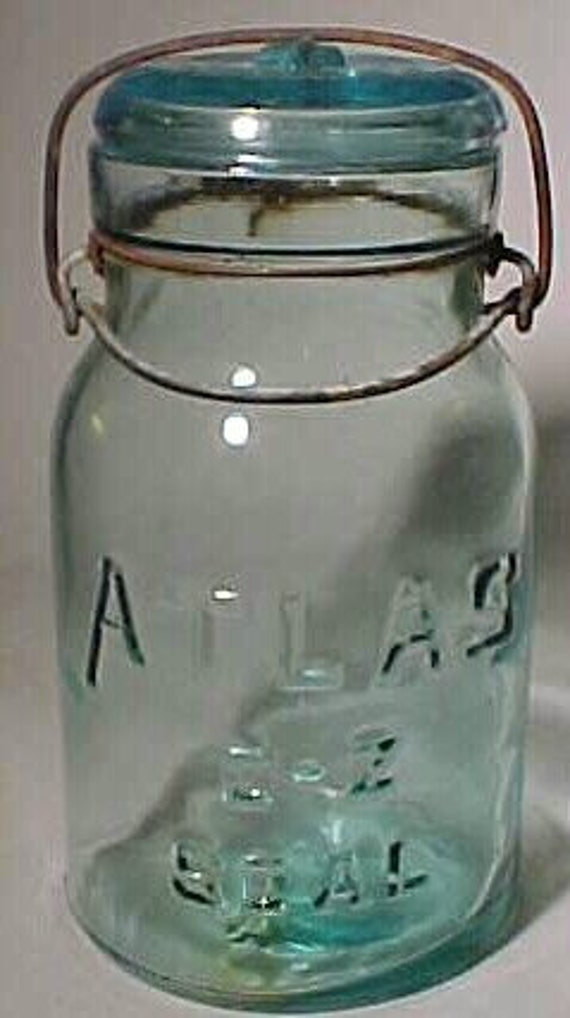 c1920 Atlas EZ Seal Aqua One Quart Fruit Jar / Canning Jar