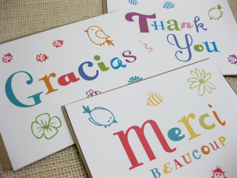 Bird Thank You Notes Cute English French Spanish Floral