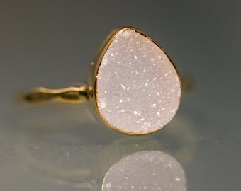 Rough White Druzy Ring Gold - April Birthstone Ring - Gemstone Ring - Stacking Ring - Gold Ring - Tear Drop Ring - Stack Ring