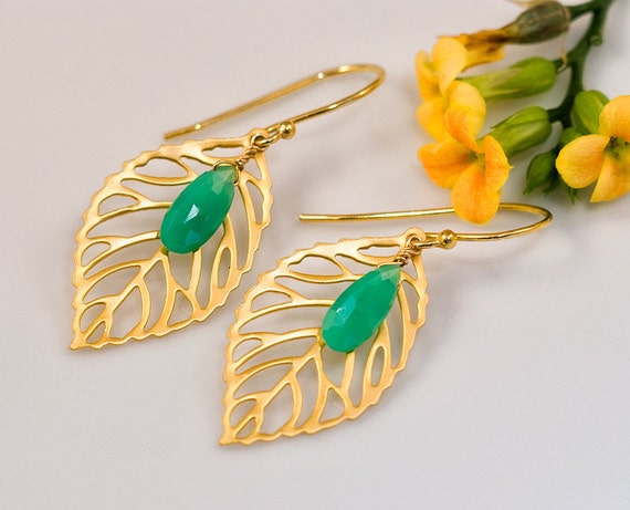 Stunning 16k gold plated leaf earrings with natural by delezhen