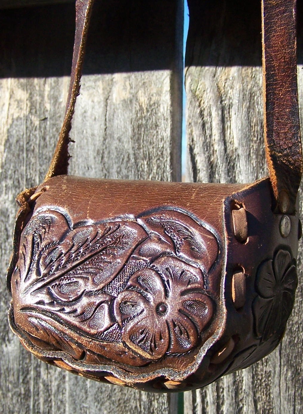 Vintage Leather Purse Hand Tooled Coin Purse with Strap Made