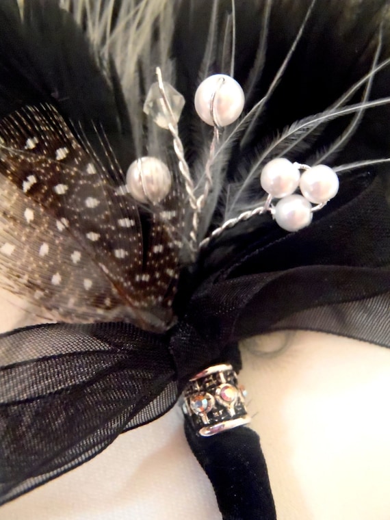 Black and White boutonniere classic elegant feathers pearls