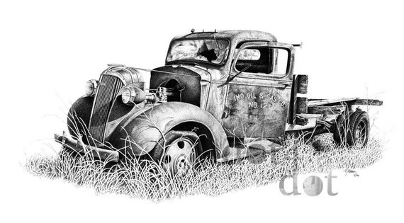 Items similar to Vintage Truck - 'Better Days' - 8 x 10 - Pen and ink