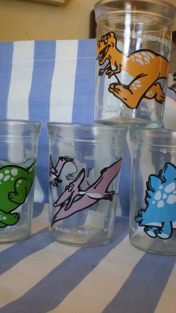Welch's Dinosaur Jelly Jar Glass Rare Set 4 Glass Set