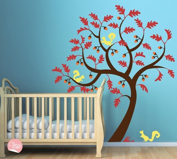 Oak Tree Decal Squirrels and Acorns Nursery decals Kids