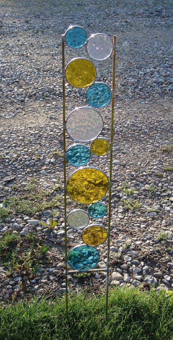 Stained Glass Garden Art Stake Yellow Teal Blue Yard