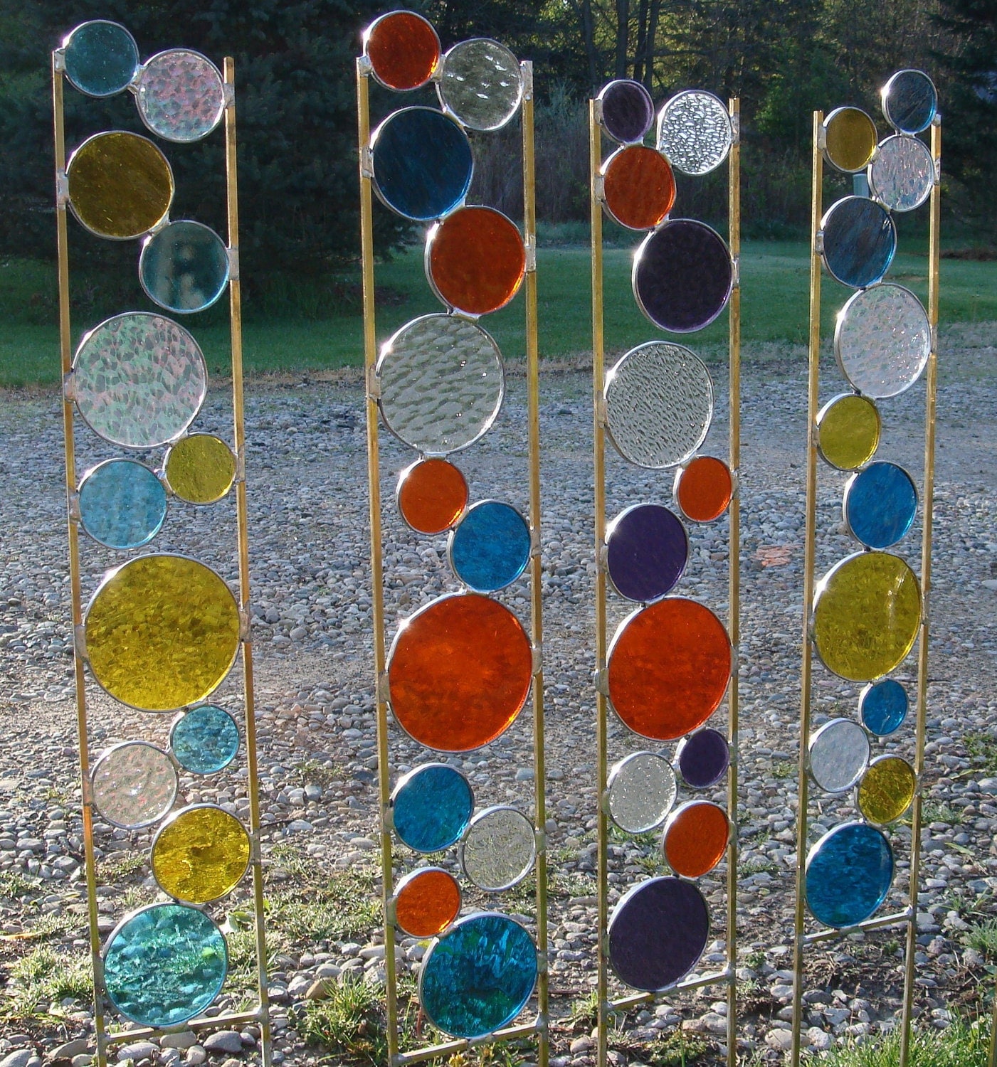 Stained Glass Garden Art Stake Yellow Teal Blue Yard