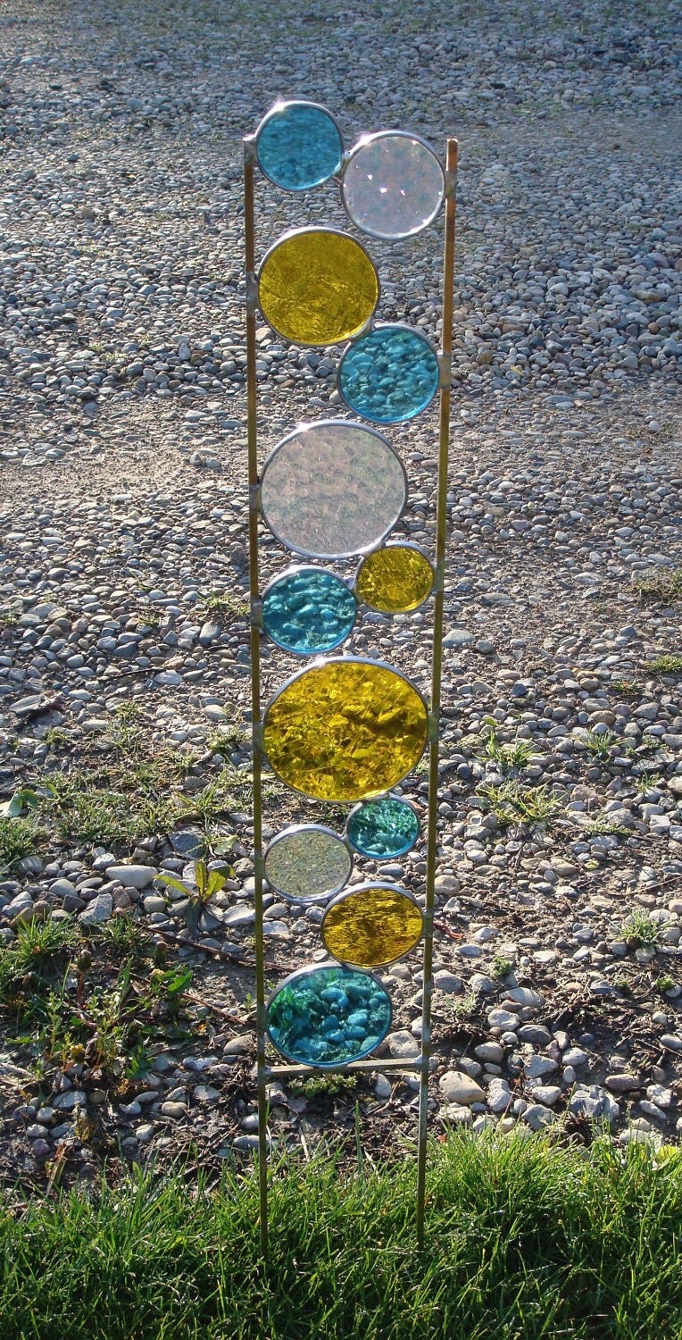 Stained glass garden art stake yellow teal blue yard