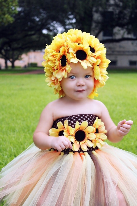 Items similar to Sunflower Flower Bonnet with Flower Tutu Dress and ...