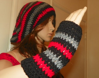 Hat and Glove Set Red Gray and Blacke Hand Crochet