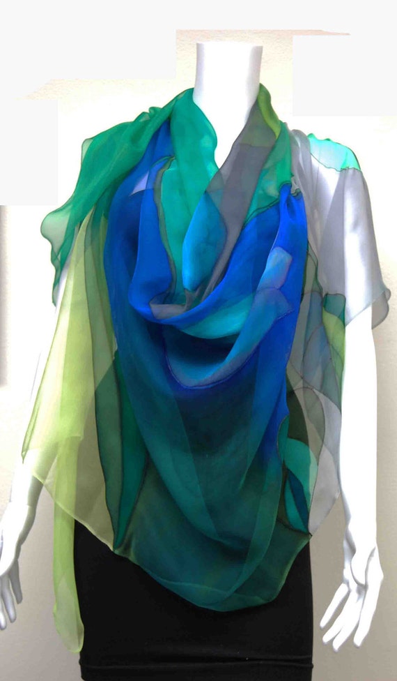 Items similar to Green & Grays 100% Silk Handpainted Shawl on Etsy