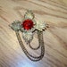 Vintage Brooch with Red Rhinestone Bead and Gold Dangle Chains -Unique-