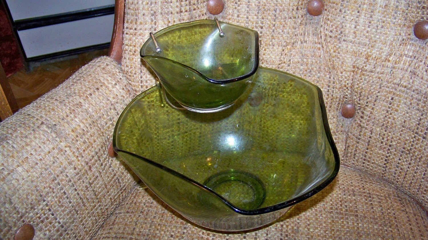 Vintage Large Green Glass Chip and Dip Set with Gold Connector