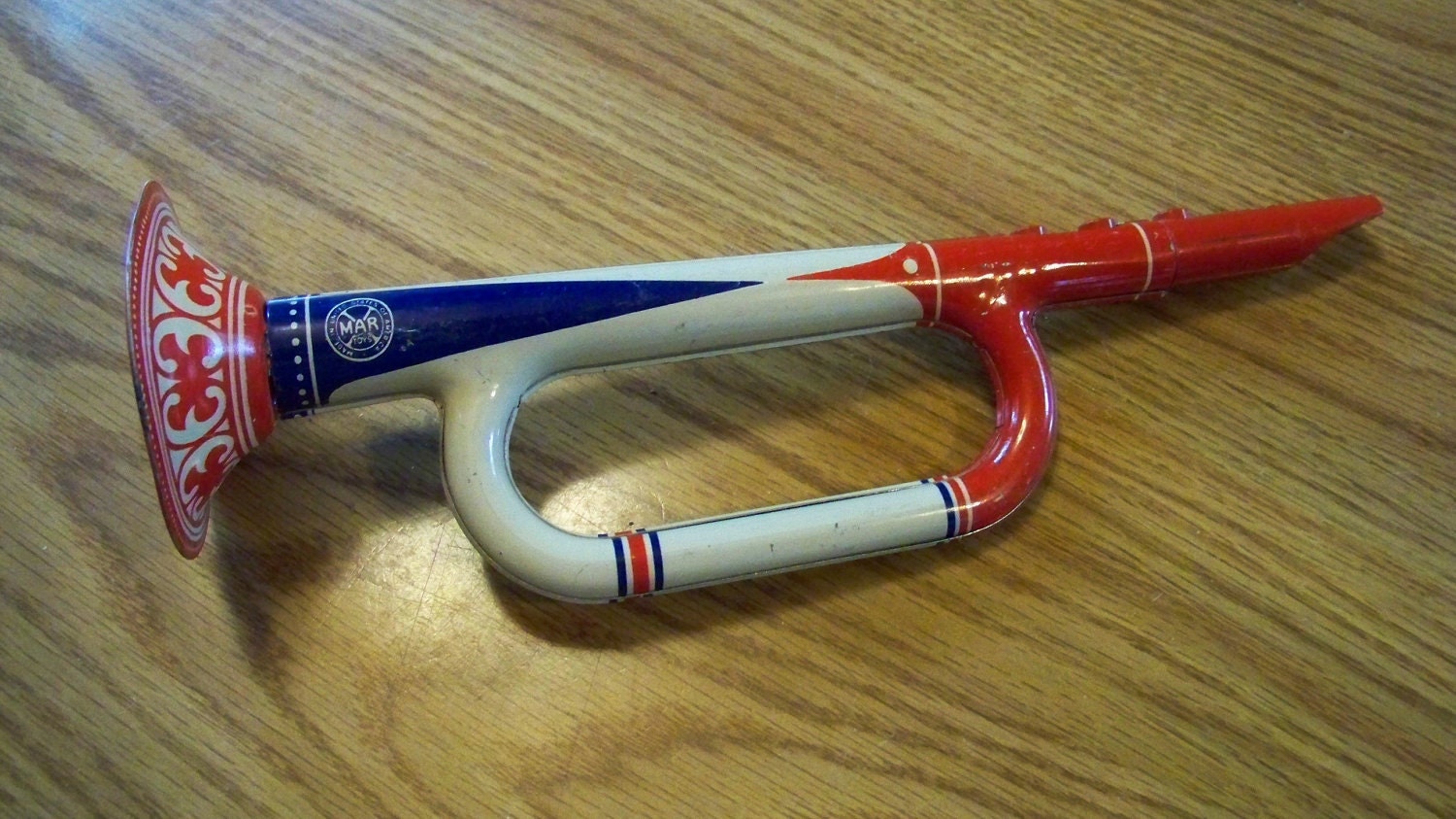 Vintage Tin Trumpet Horn Instrument Toy Marked MAR TOYS Red