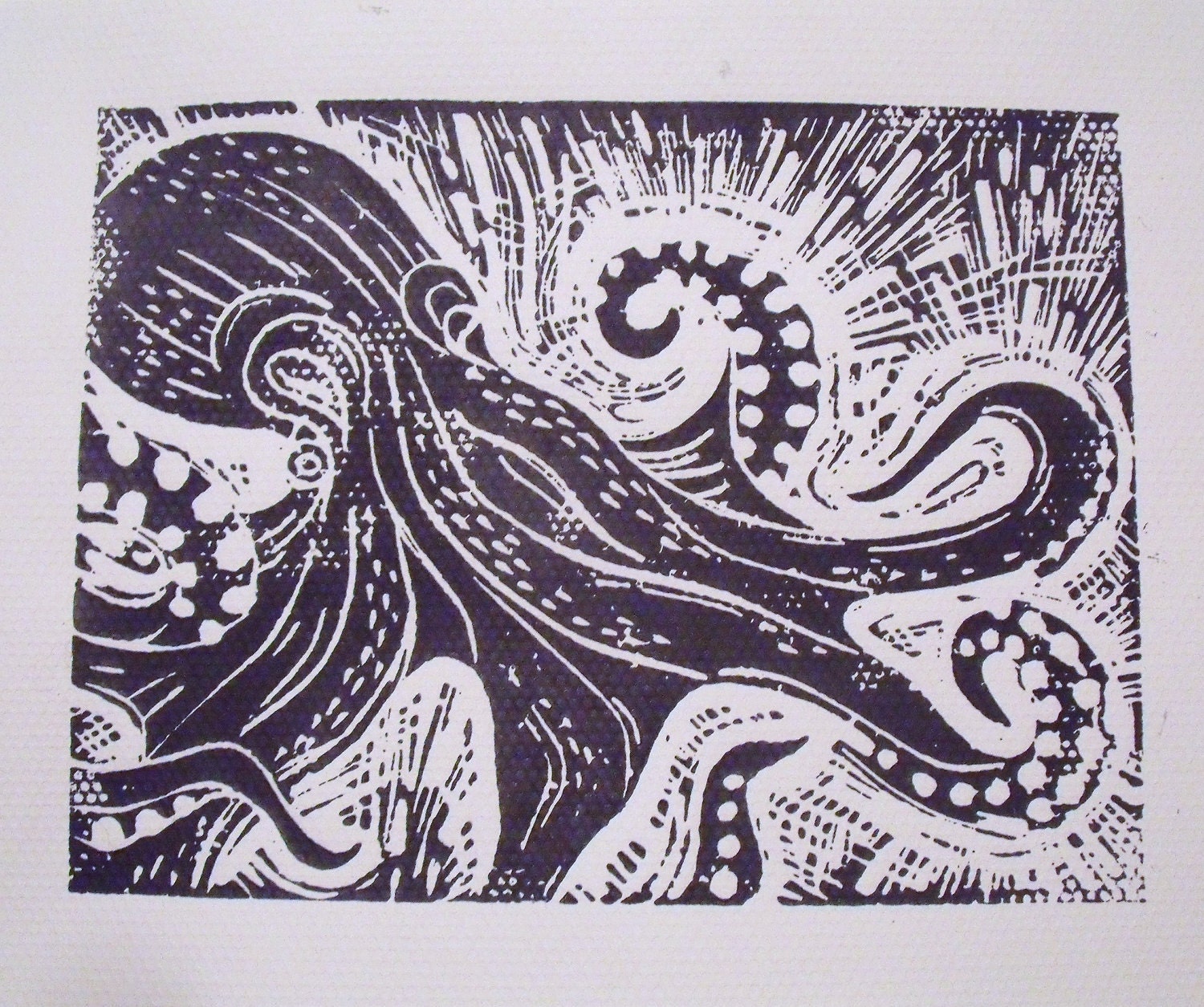 Octopus White on Black Lino Print