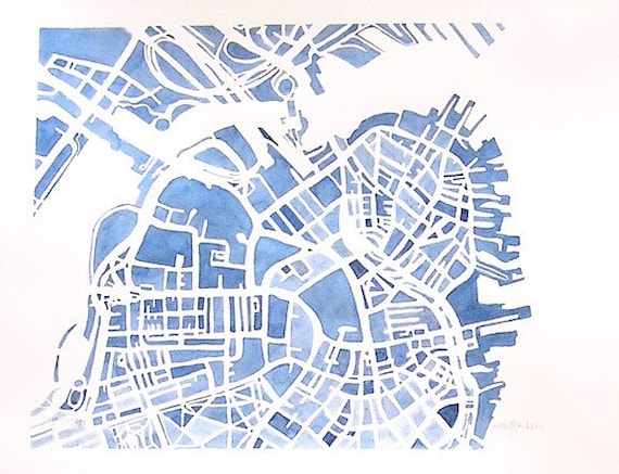 boston city map original watercolor 8x10 modern grid city