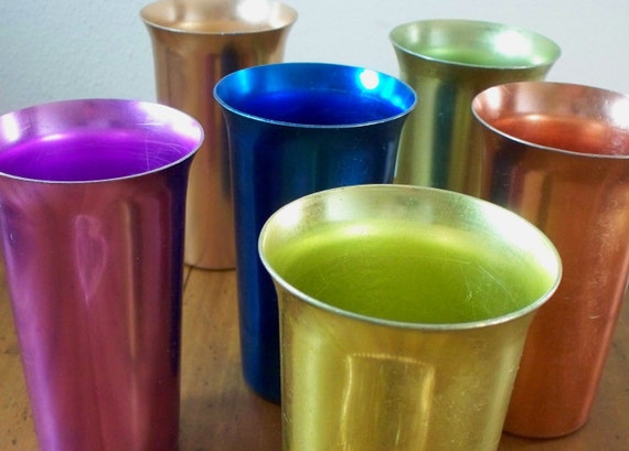 Colorful Vintage Aluminum Tumblers Drinking Glasses Set Of 6 