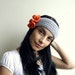 Earwarmer / headband - grey crochet oversized huge orange flower- vintage button