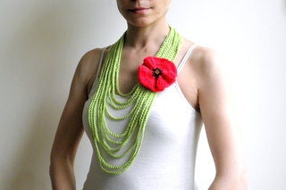 Loop spring scarf crochet poppy flower green red