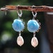 Light Blue Rose and Pearl Teardrop Cabochon Earrings Jewelry Gift for Her. Free Shipping.