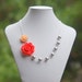 Bridesmaids Jewelry. Coral Rose and Peach Rose Asymmetrical Necklace with Large Grey Swarovski Pearls. Bridesmaid Gifts Jewelry Set.