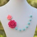 Fuchsia Rose and Bright Pink Rose Chunky Asymmetrical Necklace with Large Turquoise Beads. Chunky Summer Statement Necklace.