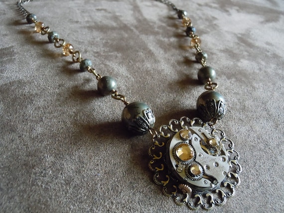 Victorian Sophisticated Steampunk Sparkling Champagne Filigree Pyrite Swarovski Brass Antique Watch Part Necklace -Free Shipping- by SharperSpectrumArt steampunk buy now online