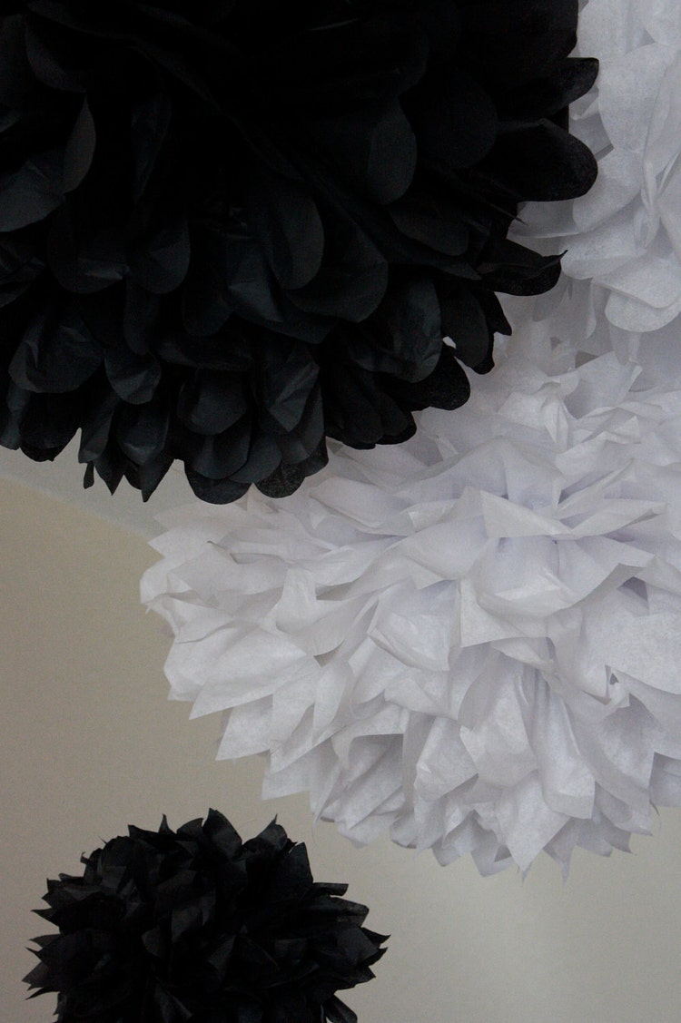 20 Tissue Paper Pom Poms Black and White by SweetandSavvyDesigns