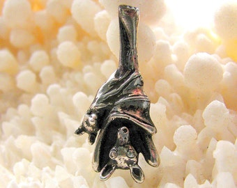 Sleepy Bat and Baby in Sterling Silver Hanging Bat Necklace or Pendant Halloween
