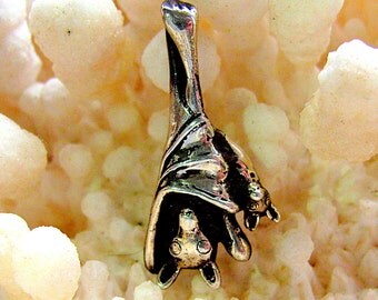 Sleepy Bat and Baby in Sterling Silver Hanging Bat Necklace or Pendant Bat Jewelry