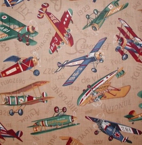 Vintage Airplane Cotton Fabric Prop Biplane Aviation