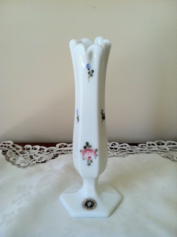 Westmoreland Milk Glass Bud Vase with Roses and Bows Hand