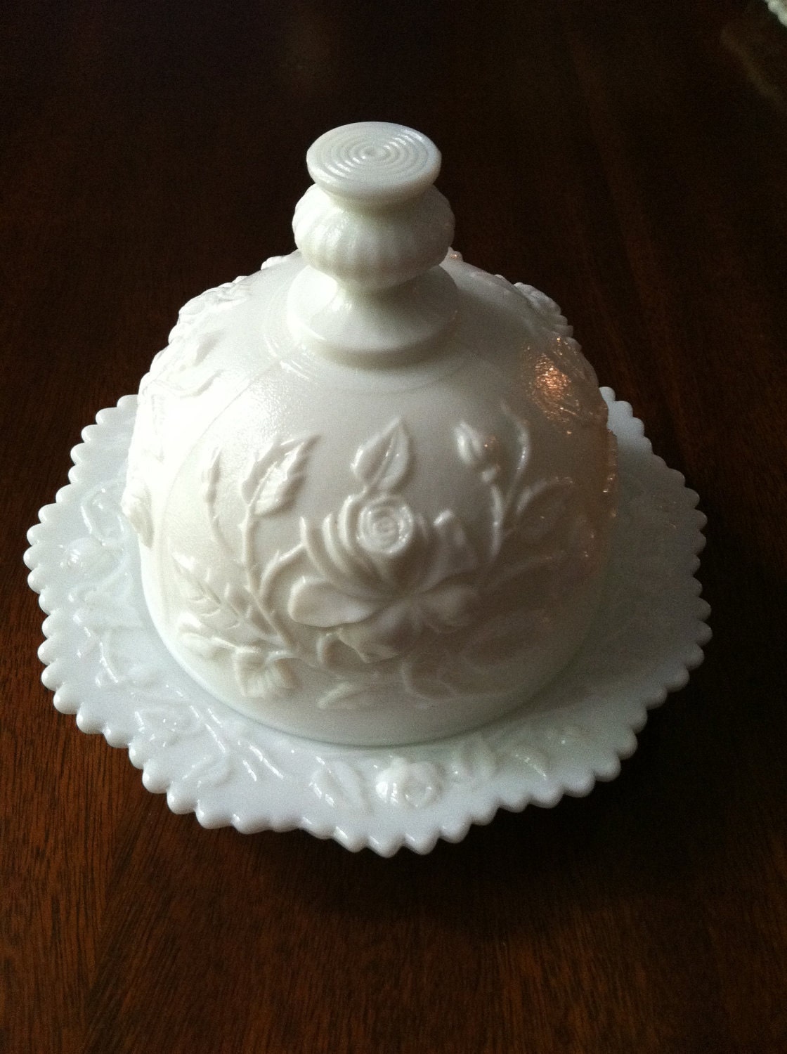 Imperial Milk Glass Butter Dish Dome Rose Pattern