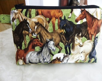 Cosmetic Bag- Large zipper Pouch-Herd of Horses-One left