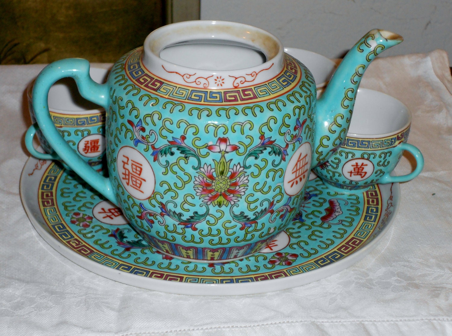 Vintage turquoise Asian tea set
