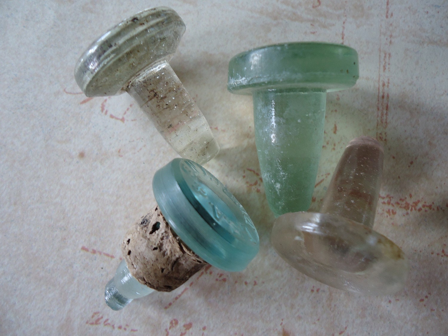 Glass Bottle Stoppers Clear Blue And Green Early1900s