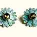Blue Enamel Earrings - Aqua Blue & Black Vintage Clip-On Earrings - Mid Century Floral