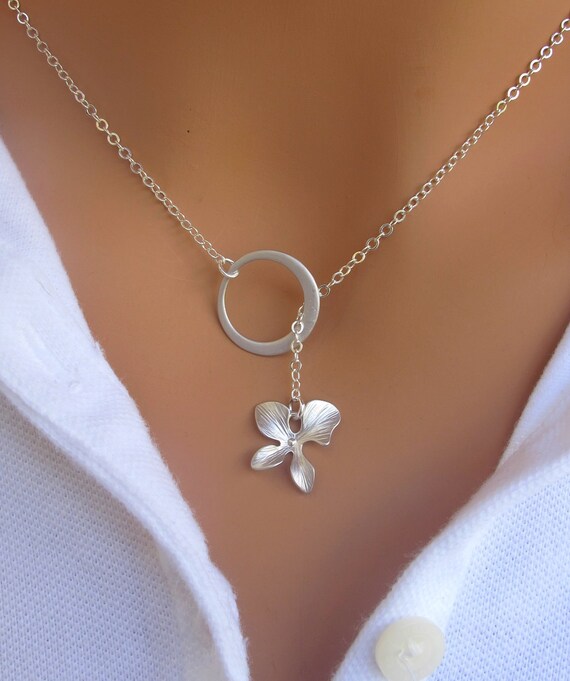 Orchid and circle lariat necklace in sterling by RoyalGoldGifts