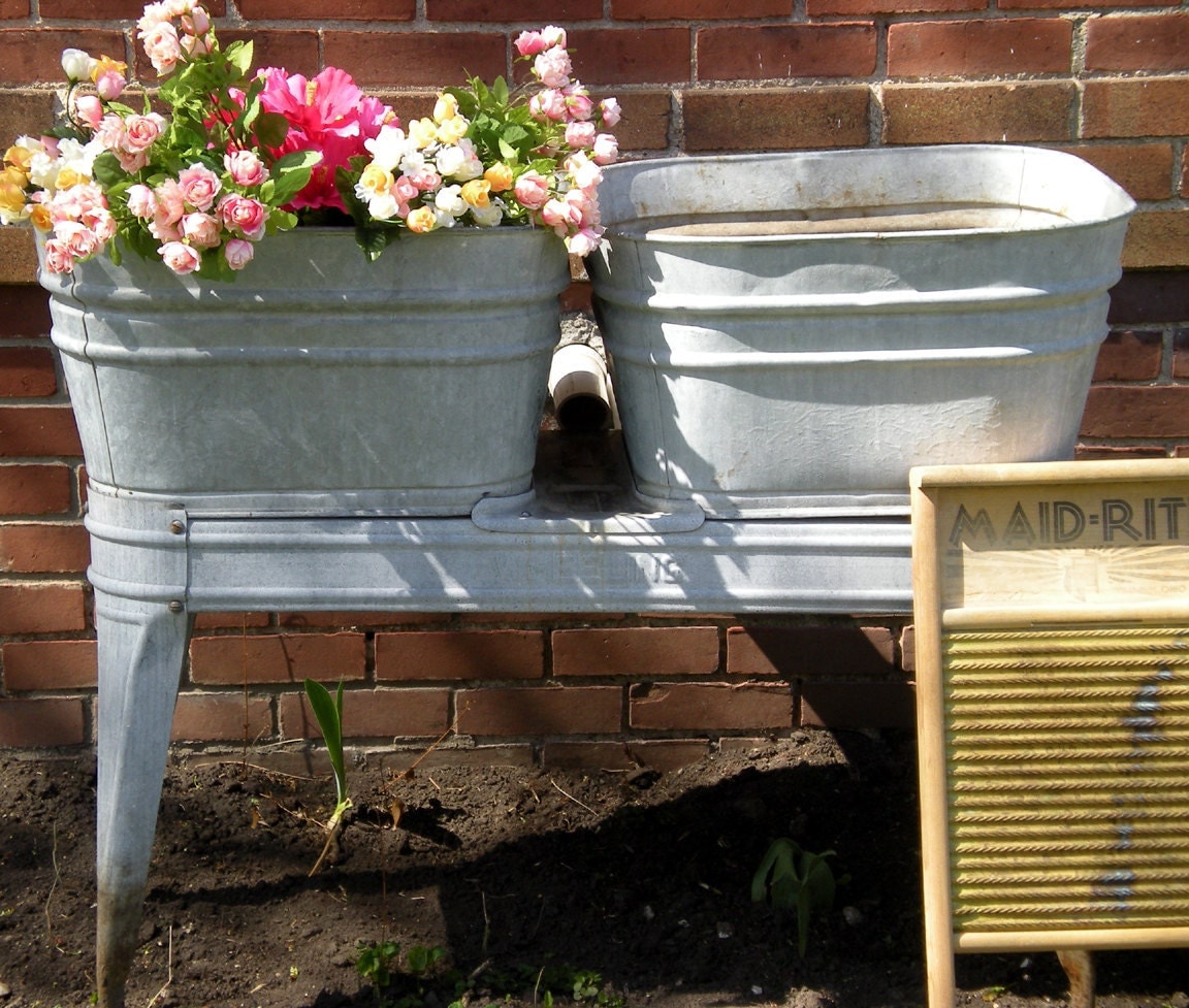 Rare Wheeling Galvanized Wash tubs double two Garden decor