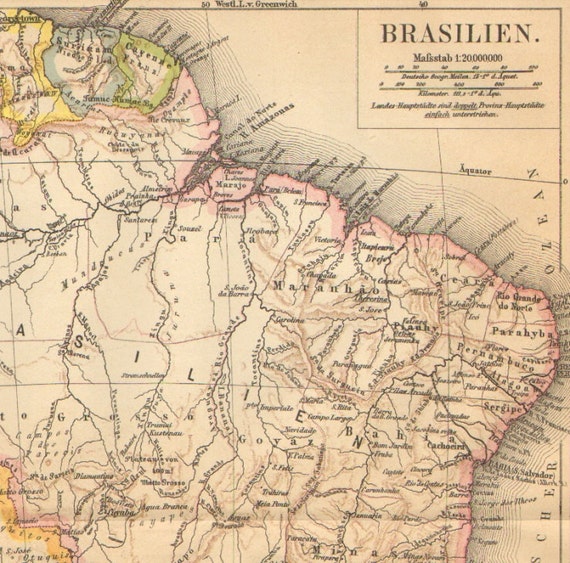 1885 Original Antique Dated Map of Brazil