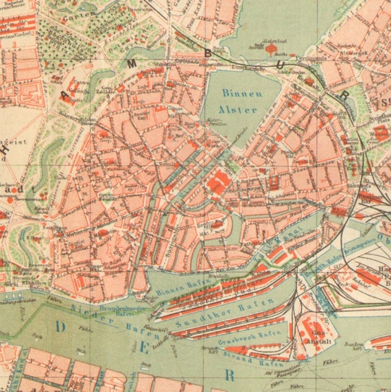 1895 Original Antique City Map of Altona and the German City