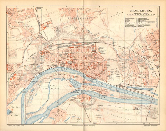 1896 Original Antique City Map of Magdeburg