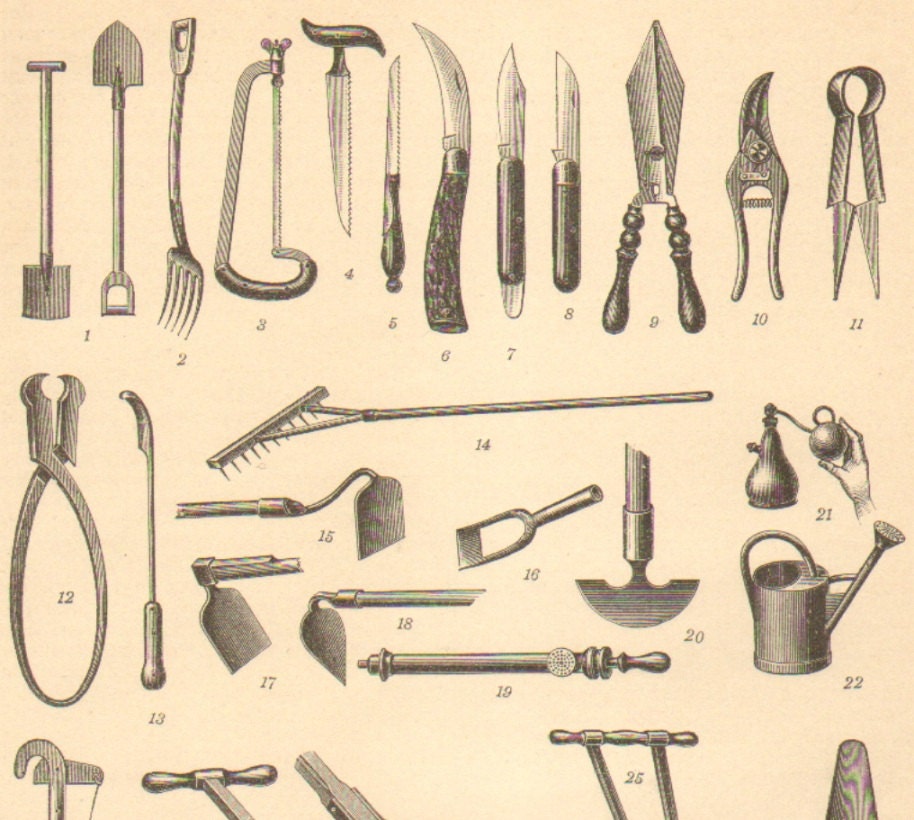 1905 Gardening Tools Antique Engraving to by CabinetOfTreasures