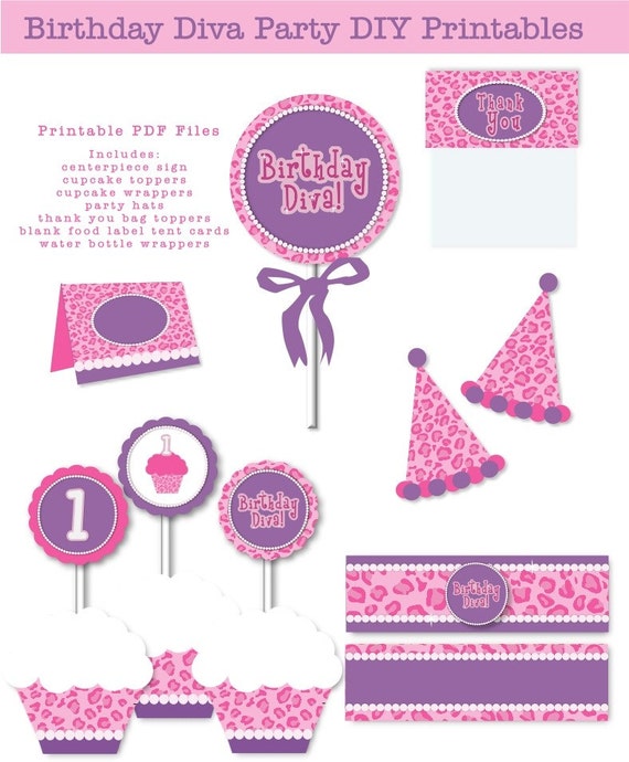 INSTANT DOWNLOAD First Birthday Diva Purple Pink Leopard Pearls Printable Birthday Party Digital Files Il_570xn