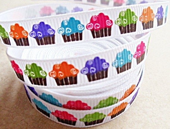 Bright Cupcakes on white 3/8" grosgrain ribbon Il_570xn